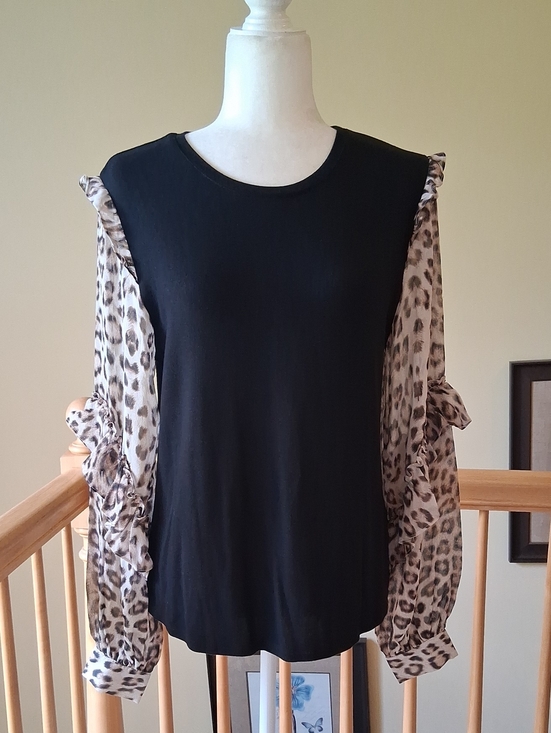 Generation Love Tops - Generation Love Noelle Black Silk + Knit Blouse + Leopard-Print Ruffle Sleeves